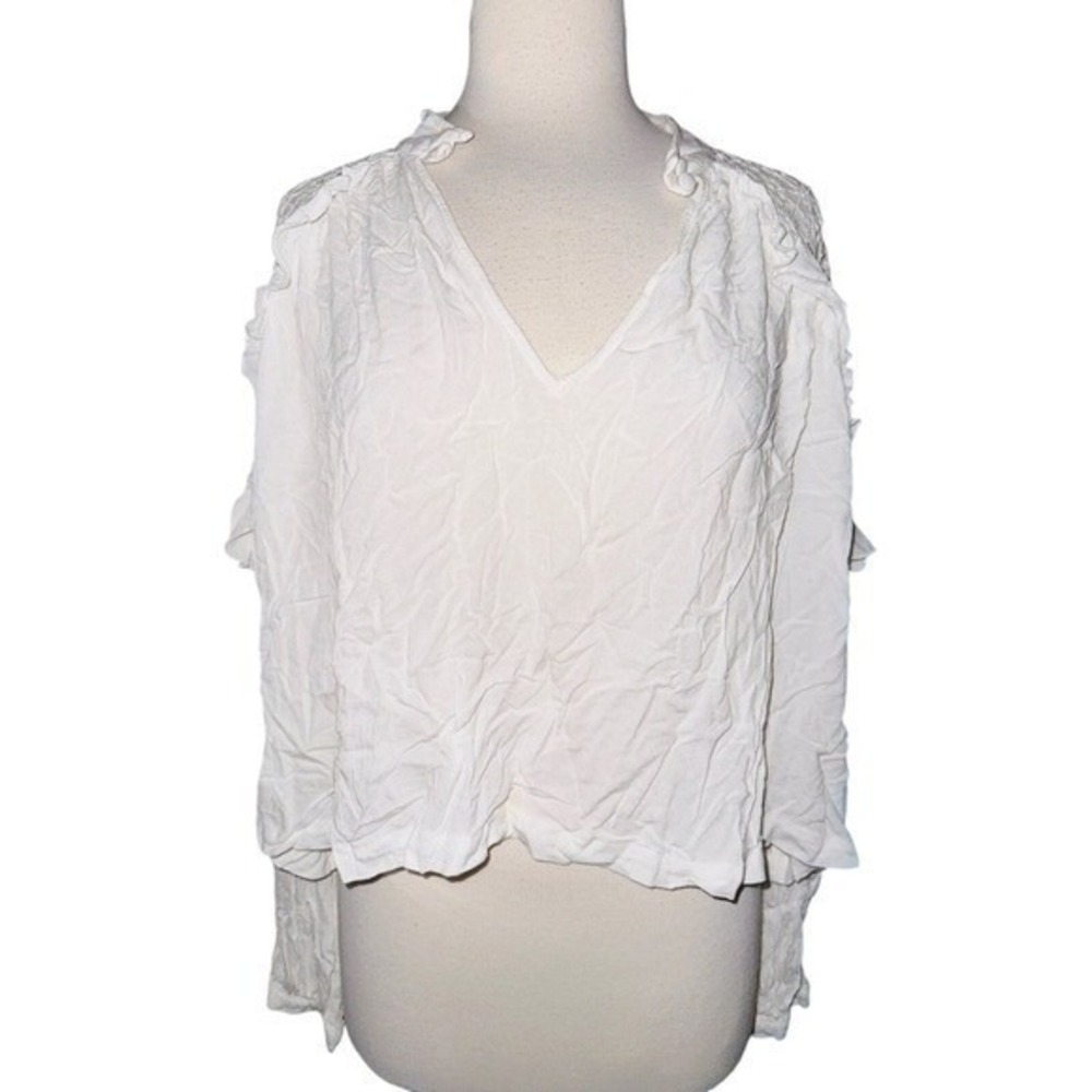 FP1 Free People Womens Shirt Long Sleeve Ruffled Top V Neck Blouse White M
